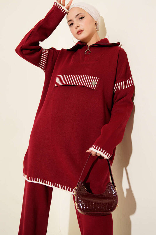 Half Zippered Stripe Detailed Knitwear Two Piece Suit Burgundy