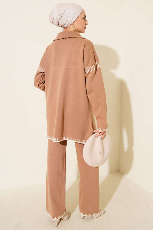 Half Zippered Stripe Detailed Knitwear Two Piece Set Latte