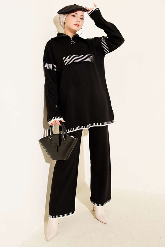 Half Zippered Stripe Detailed Knitwear Two Piece Set Black