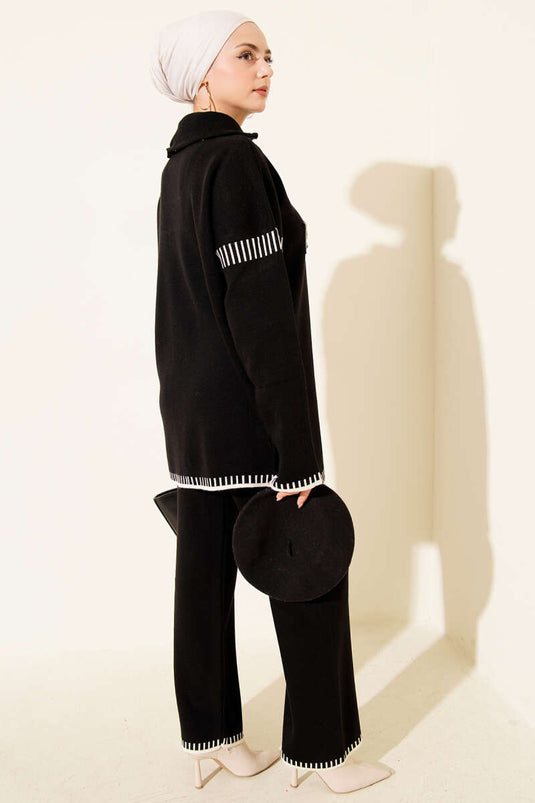 Half Zippered Stripe Detailed Knitwear Two Piece Set Black