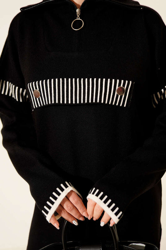 Half Zippered Stripe Detailed Knitwear Two Piece Set Black