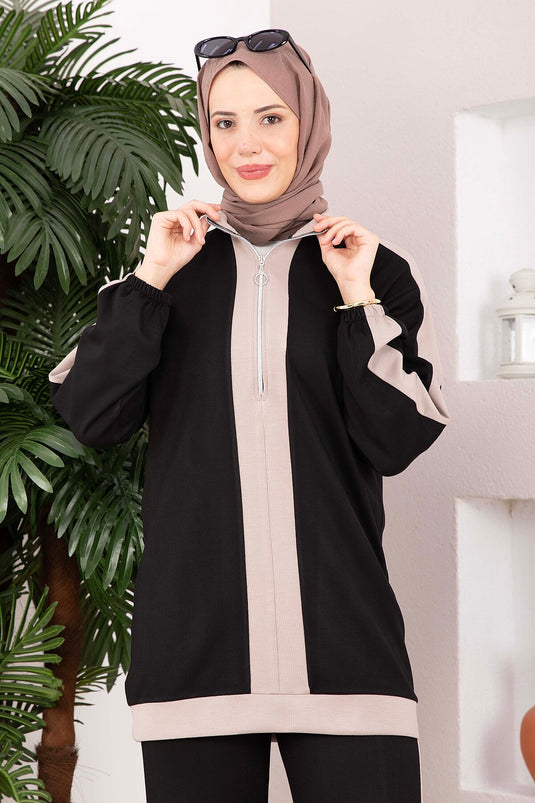 Conjunto Deportivo De Dos Piezas Con Cremallera Y Media Negro