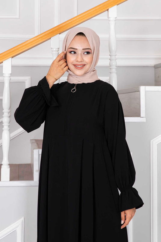 Hijab-Kleid mit halbem Reißverschluss, Schwarz