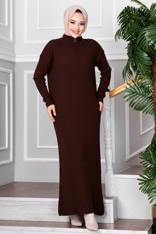 Robe en tricot hijab à demi-fermeture éclair marron