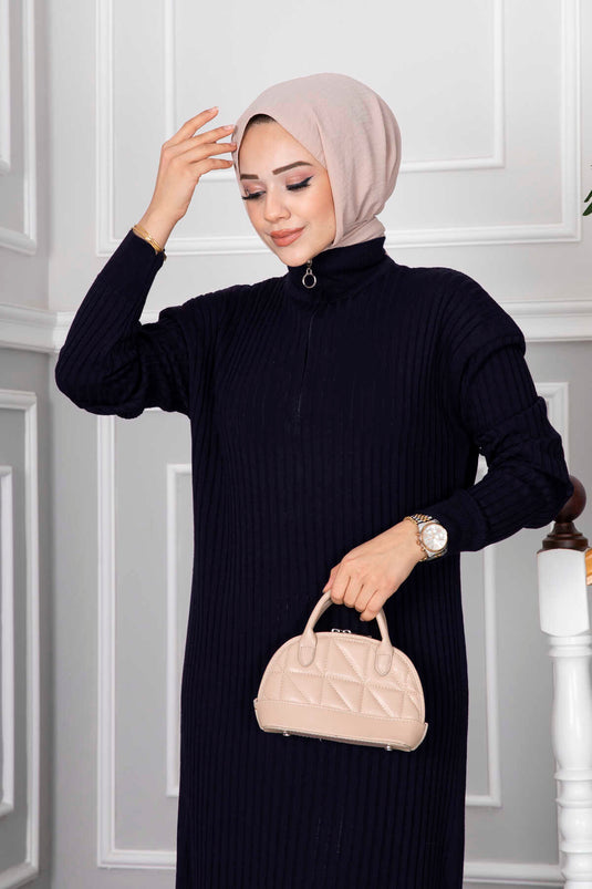 Robe en tricot hijab à demi-fermeture éclair bleu marine