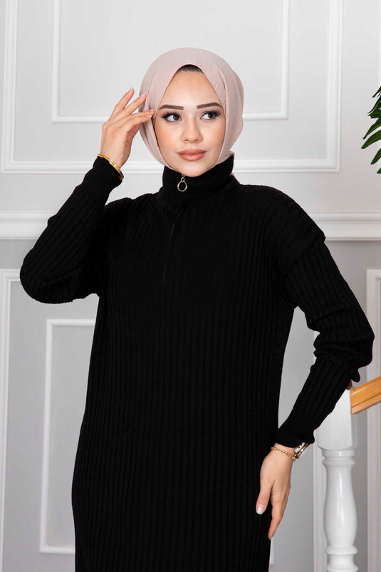 Robe en tricot hijab à demi-fermeture éclair noire