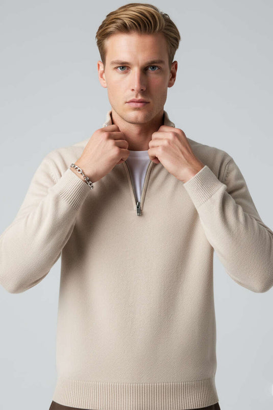 Yarım Fermuarlı Triko Erkek Kazak Bej