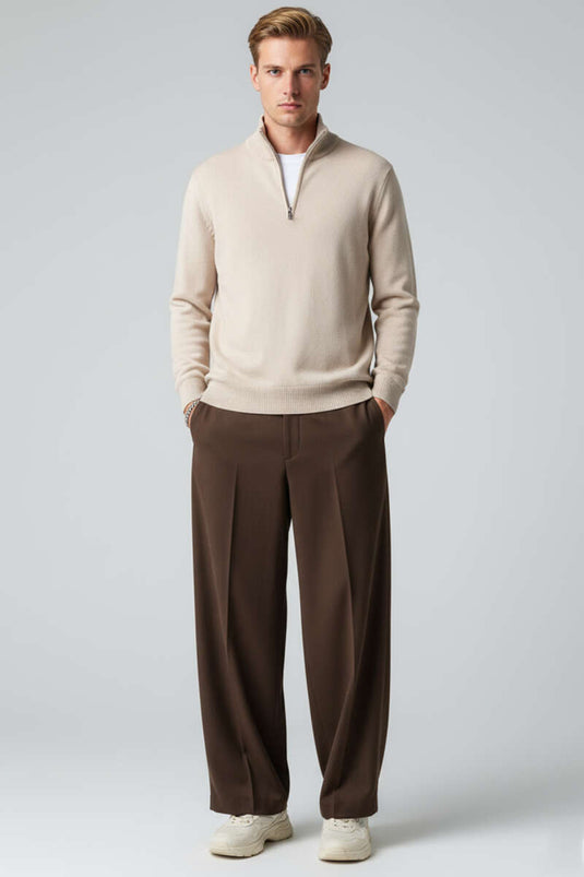 Yarım Fermuarlı Triko Erkek Kazak Bej