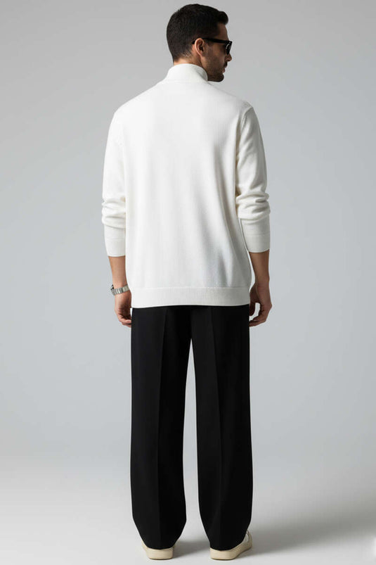 Yarım Fermuarlı Triko Erkek Kazak Ekru