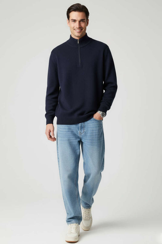 Yarım Fermuarlı Triko Erkek Kazak Lacivert