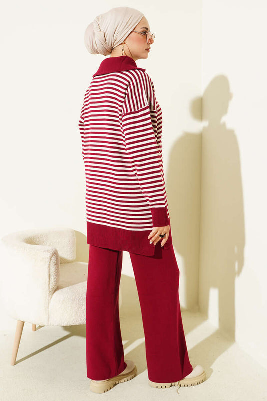 Half Zippered Horizontal Striped Knitwear Two Piece Suit Burgundy
