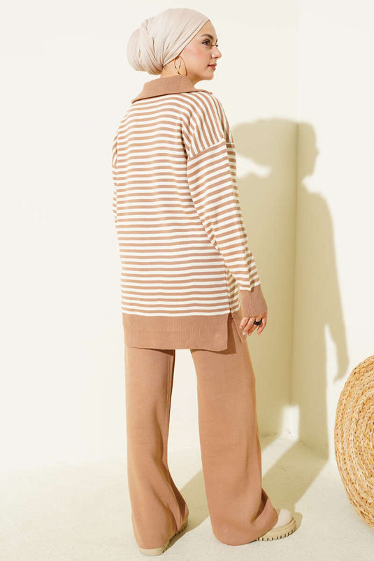 Half Zippered Horizontal Striped Knitwear Two Piece Set Latte