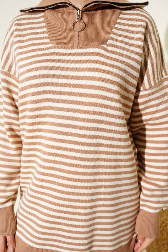 Half Zippered Horizontal Striped Knitwear Two Piece Set Latte