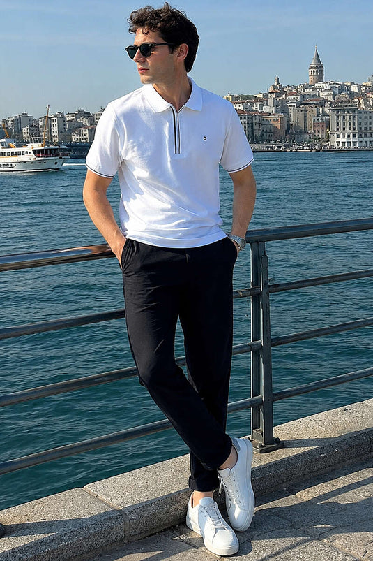 Yarım Gizli Fermuarlı Erkek T-shirt Ekru