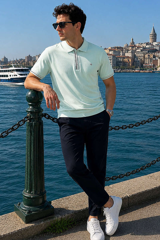 Yarım Gizli Fermuarlı Erkek T-shirt Su Yeşili