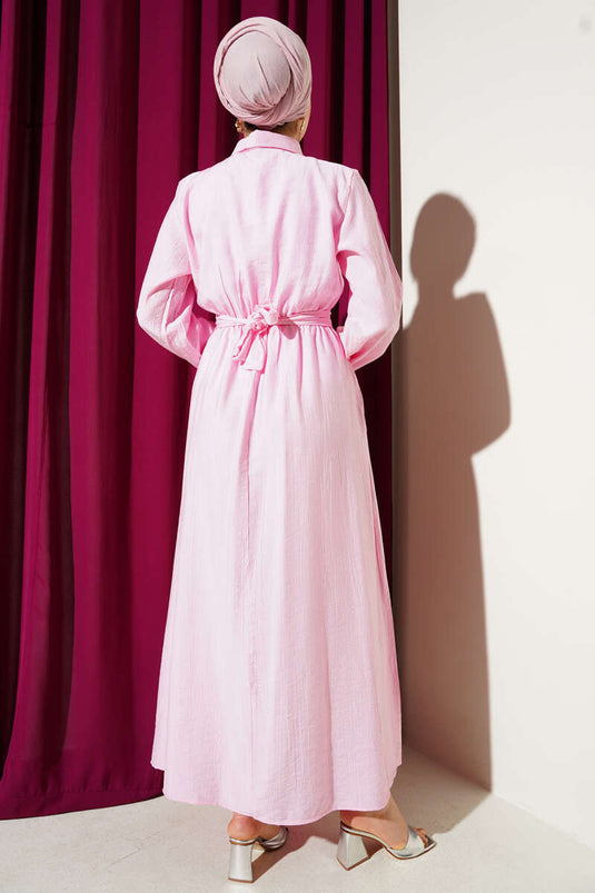 Half Gold Button Belted Dress Pink