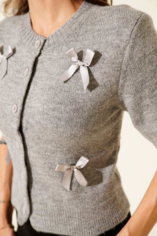 Short-Sleeve Knitted Cardigan with Bow Detail, Grey