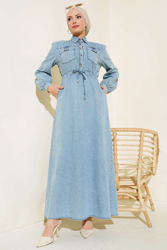 Robe En Jean Boutonnée Demi-Métal Denim Bleu Glace