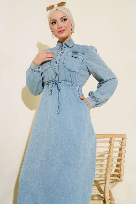 Robe En Jean Boutonnée Demi-Métal Denim Bleu Glace