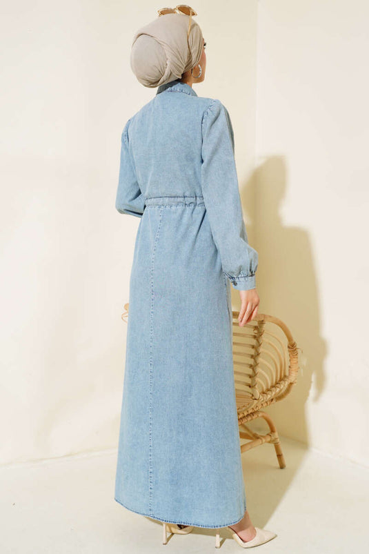 Robe En Jean Boutonnée Demi-Métal Denim Bleu Glace