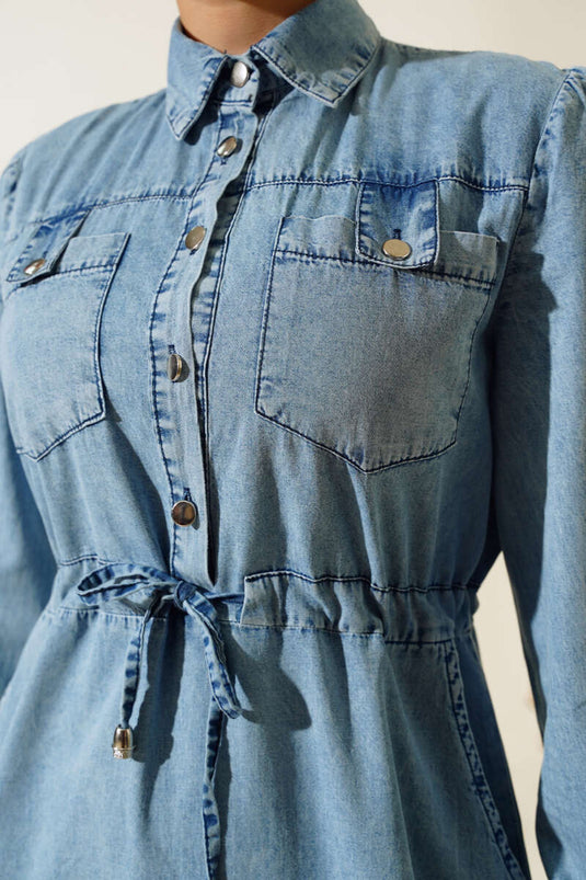 Robe En Jean Boutonnée Demi-Métal Denim Bleu Glace