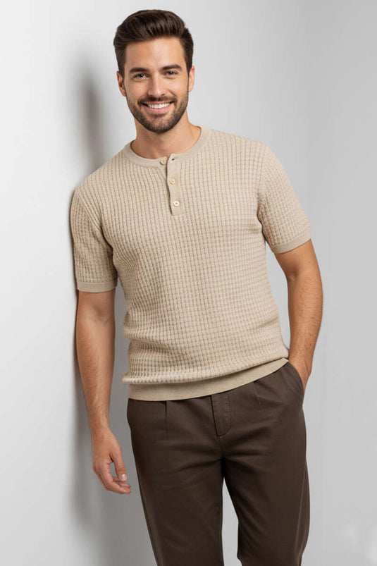 T-shirt tricoté pour homme à demi-patte beige
