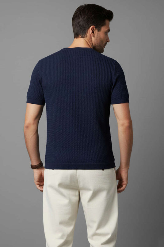 Maglietta Uomo in Maglia con Spacco Laterale Blu Scuro