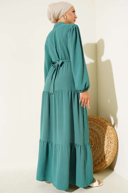 Yarım Piliseli Düğmeli Elbise Çağla Yeşili