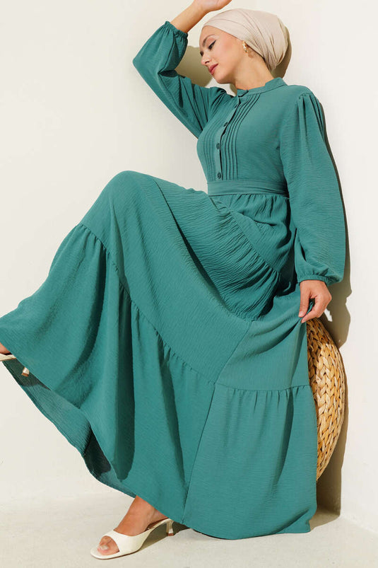 Yarım Piliseli Düğmeli Elbise Çağla Yeşili
