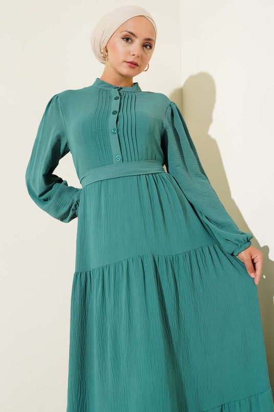 Yarım Piliseli Düğmeli Elbise Çağla Yeşili