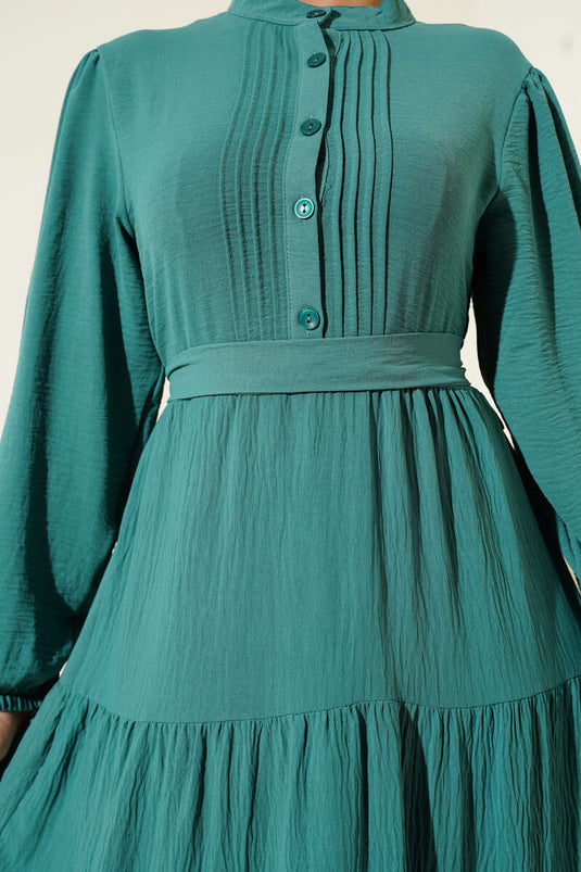 Yarım Piliseli Düğmeli Elbise Çağla Yeşili