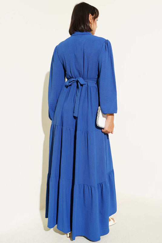 Yarım Piliseli Düğmeli Elbise Indıgo