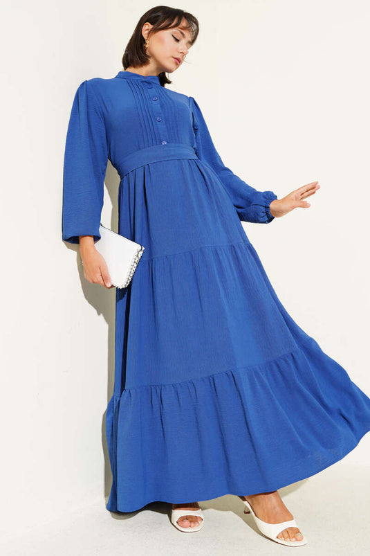 Yarım Piliseli Düğmeli Elbise Indıgo