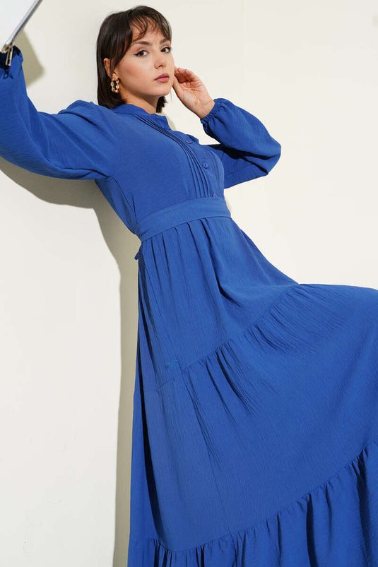 Yarım Piliseli Düğmeli Elbise Indıgo