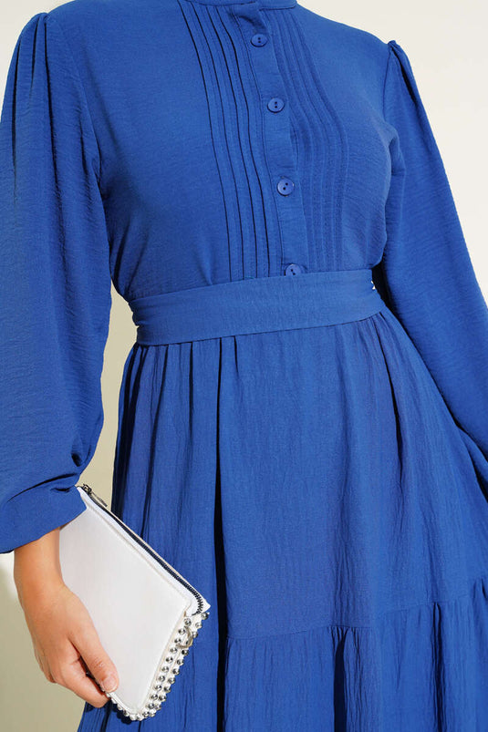 Yarım Piliseli Düğmeli Elbise Indıgo