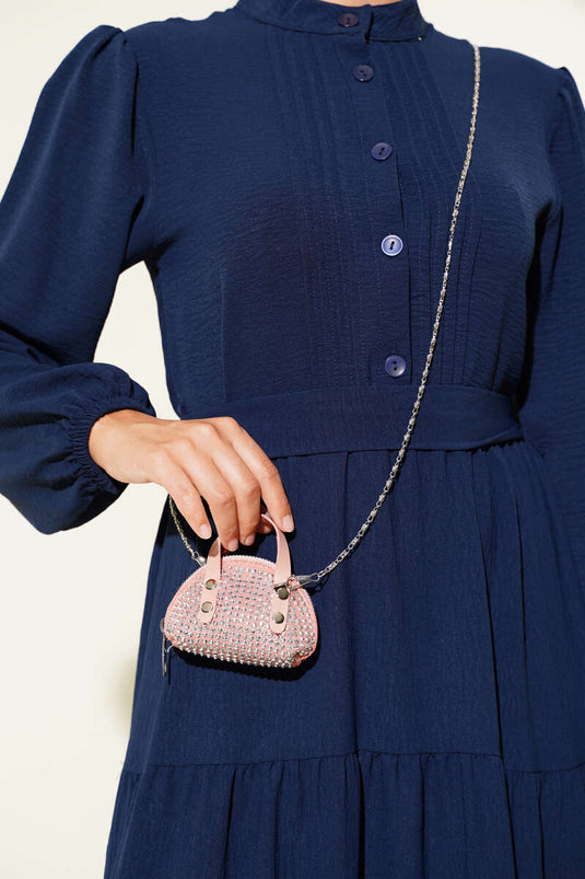 Robe boutonnée à demi-plis bleu marine