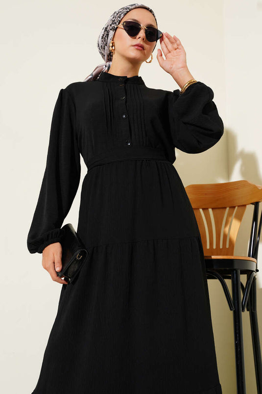 Yarım Piliseli Düğmeli Elbise Siyah