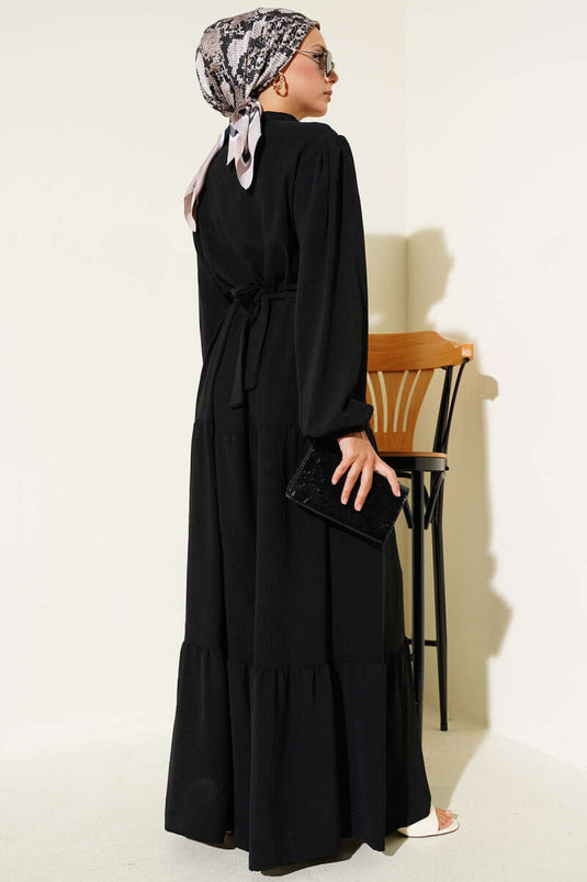 Yarım Piliseli Düğmeli Elbise Siyah