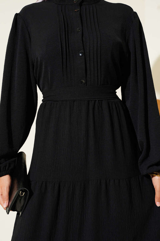 Yarım Piliseli Düğmeli Elbise Siyah