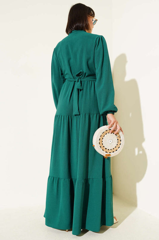 Yarım Piliseli Düğmeli Elbise Zümrüt