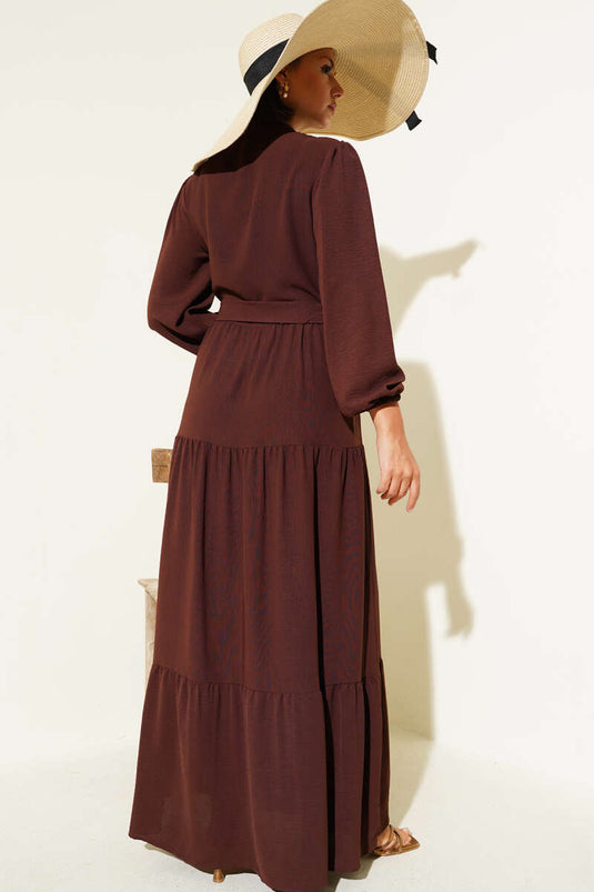 Robe boutonnée mi-plissée marron