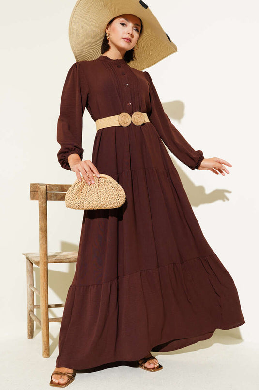 Robe boutonnée mi-plissée marron