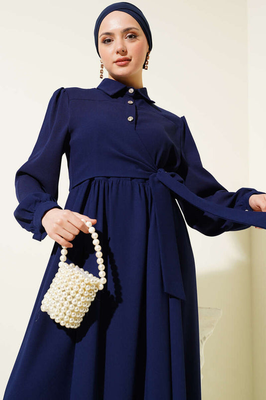 Kleid mit Knopfleiste und Half Stone-Muster Marineblau