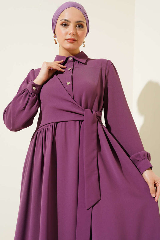 Robe boutonnée à nouer en demi-pierre violette