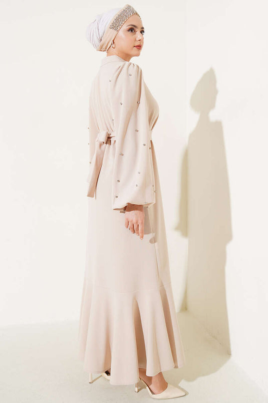 Yarım Taş Düğmeli Volanlı Elbise Taş