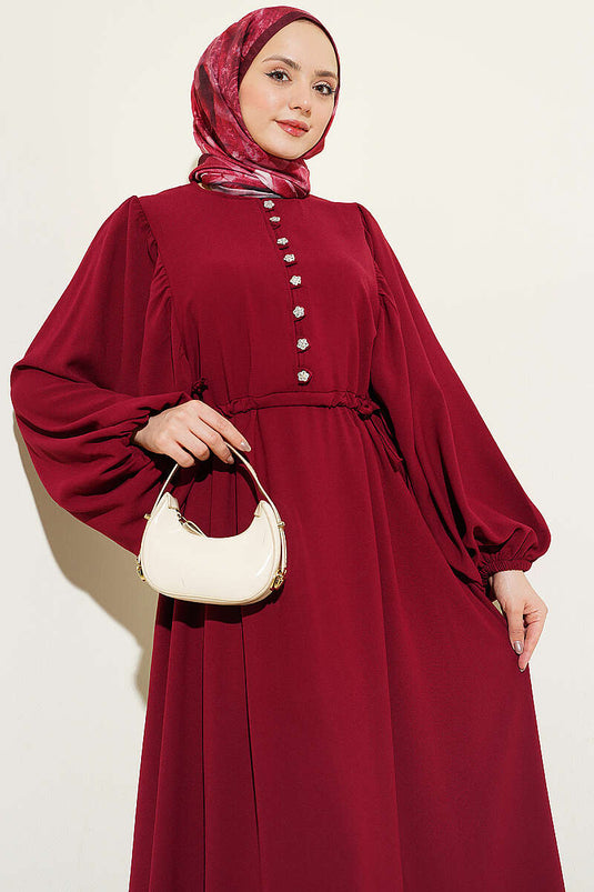 Burgundy Dress with Half-Stone Buttons and Side Ties