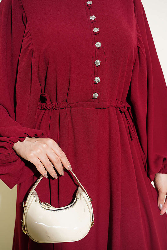 Burgundy Dress with Half-Stone Buttons and Side Ties