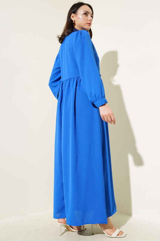 فستان نصف حجر بأزرار جانبية برباط باللون الساكسوني