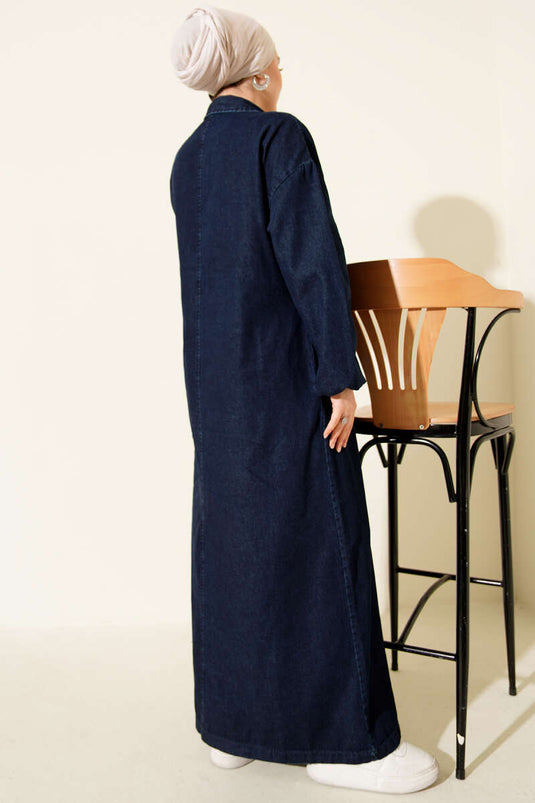 Robe en jean bleu marine à col montant zippé et poches