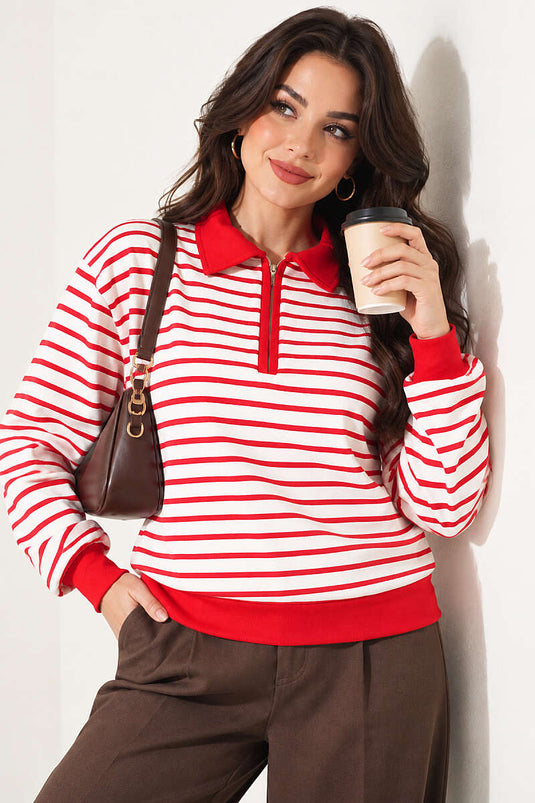 Yarım Yaka Fermuarlı Çizgili Sweatshirt Kırmızı